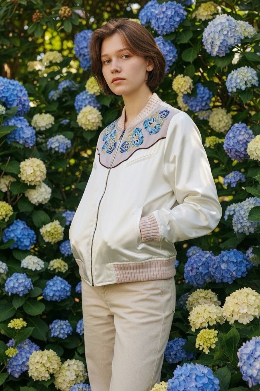 MM Vintage Women's S Cream Blue Yellow White Embroidery Bead Satin Bomber Jacket